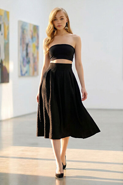 bacc Women's Black High Waist Wide Belt Hidden Zipper Midi Length Textured Sk...