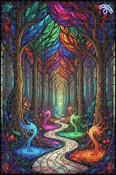 Teona Ahşap لغز خشبي بتصميم زجاج ملون يشبه سحر الغابة، 600 قطعة، 50×35 سم