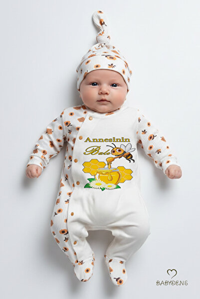 BABYDEN'S Mother's Honey Written Newborn Baby Romper Hat Set Bee Patterned 10...