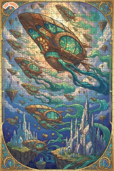 Teona Ahşap لغز خشبي مؤطر بطبقتين بتصميم قلعة طائرة وسفن، بمظهر فني يشبه اللو...