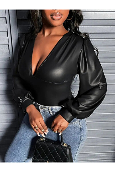 nedo7 Women's Long Sleeve Deep V Neck Leather Bodysuit