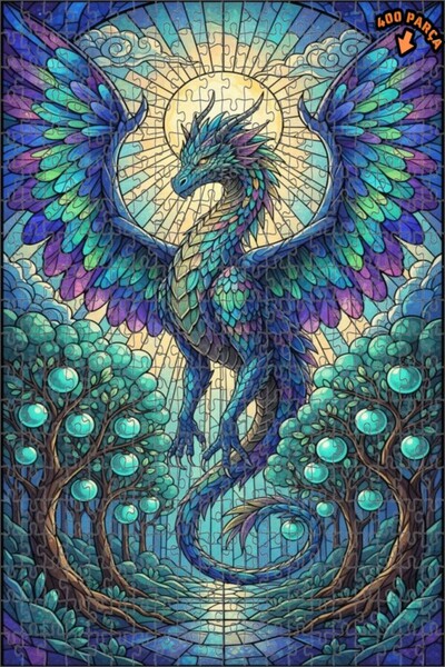 Teona Ahşap لغز خشبي مؤطر بطبقتين من فن الزجاج الملون على شكل تنين سحري 400 ق...