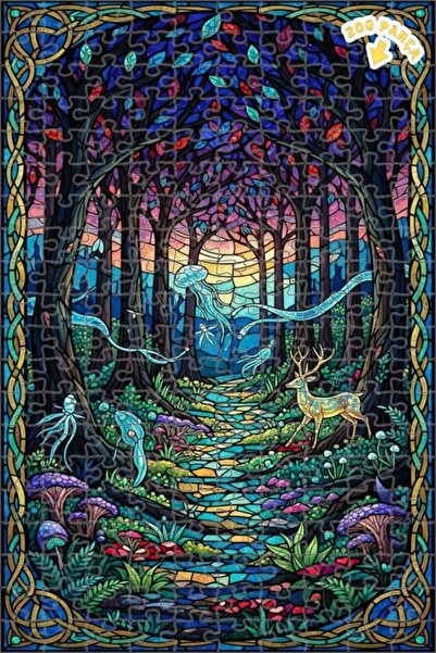 Teona Ahşap لغز خشبي بمظهر فسيفساء زجاجية يصور غابة سحرية وقنديل البحر والأيل...