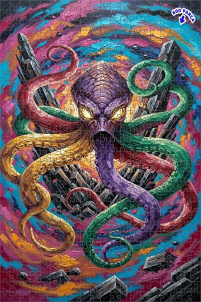 Teona Ahşap لغز خشبي بتصميم كراكن مخيف بمظهر الزيت الملون، 600 قطعة مع إطار م...