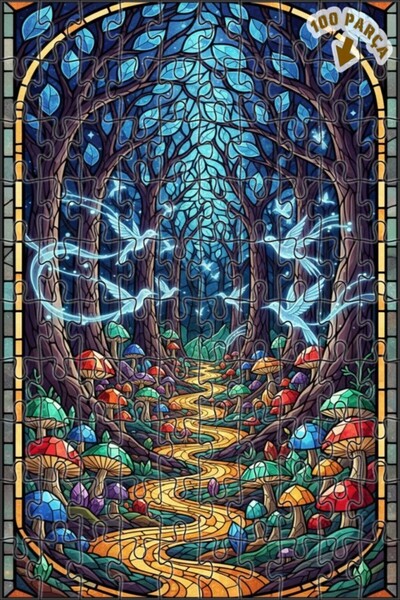 Teona Ahşap لغز خشبي بتصميم الغابة السحرية مع زجاج ملون 100 قطعة 25×25