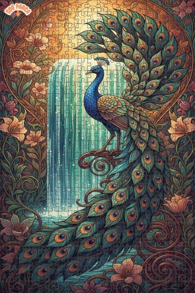 Teona Ahşap Majestic Peacock Waterfall Art Double Layer Framed Wooden Puzzle ...