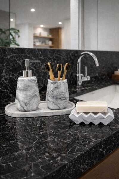 lufen deco 4 Parça Mermer Desenli Dekoratif Beton Wc Banyo Seti Katı Sıvı Sab...