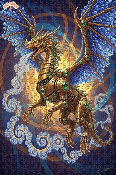 Teona Ahşap Golden Mechanical Dragon Oil Painting Look Double Layer Framed Wo...