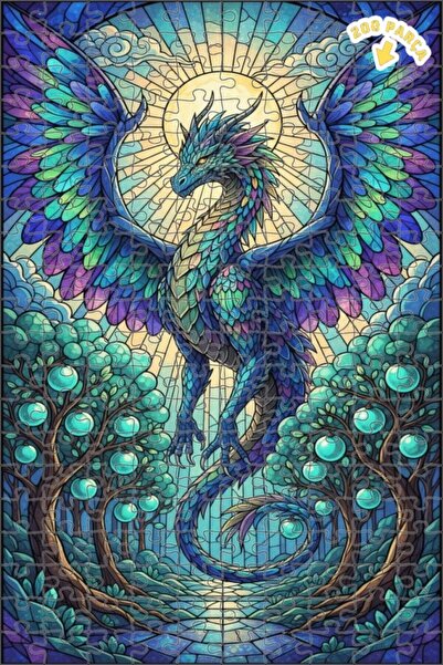 Teona Ahşap لغز خشبي مؤطر بطبقتين من فن الزجاج الملون على شكل تنين سحري 200 ق...