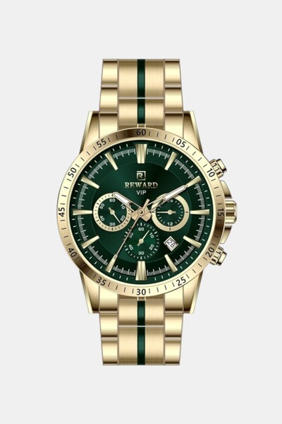 Reward Erkek Kol Saati Quartz Takvimli Yeşil Kadran Çelik Kordon Altın 44 mm ...