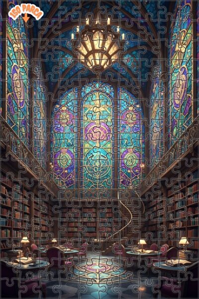 Teona Ahşap Gothic Library Stained Glass Art Double Layer Framed Wooden Puzzl...