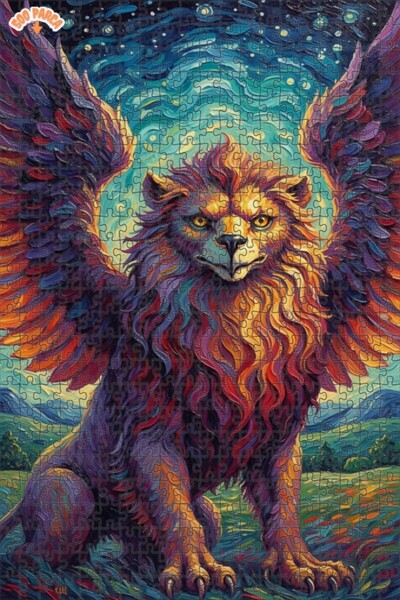 Teona Ahşap لوحة فنية خشبية مؤطرة على شكل أسد مجنح بمظهر لوحة زيتية، 500 قطعة...