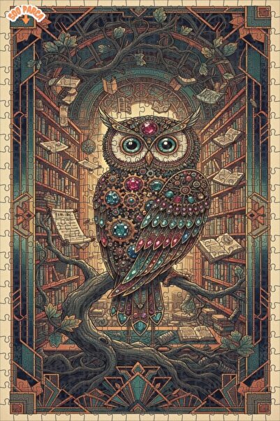 Teona Ahşap لغز خشبي لمكتبة آرت ديكو مع بومة بحرية، لغز خشبي بإطار مزدوج الطب...