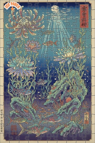 Teona Ahşap لوحة فنية يابانية للأسماك والزهور بمظهر زيتية، لغز خشبي بإطار مزد...