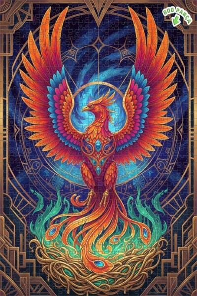 Teona Ahşap لغز خشبي رائع بإطار مزدوج الطبقات بمظهر لوحة زيتية لطائر الفينيق ...