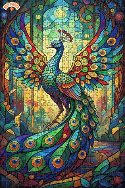 Teona Ahşap لغز خشبي مؤطر بطبقتين بتصميم فني من الزجاج الملون على شكل طاووس م...