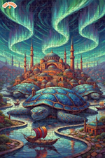 Teona Ahşap لوحة فنية تصور السلاحف العملاقة والمدينة الخيالية بمظهر اللوحات ا...