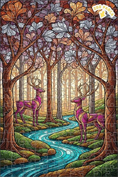 Teona Ahşap لغز خشبي بمظهر فسيفساء زجاجي لغزلان الغابة السحرية 200 قطعة 25x35