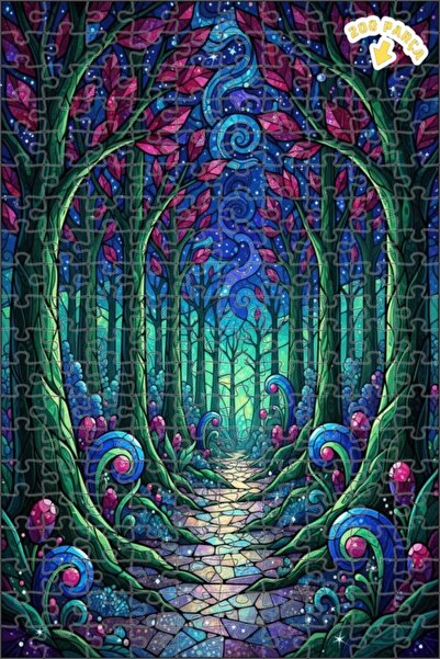 Teona Ahşap لغز خشبي مؤطر بطبقتين بتصميم فن الزجاج الملون لممر الغابة الساحرة...