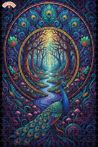 Teona Ahşap Flashy Feather Patterned Forest and Peacock Art Double Layer Fram...