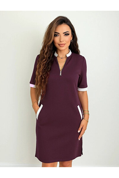 nedo7 فستان نسائي من الفسكوز بأكمام قصيرة وفتحة جانبية وجيب بسحاب عند الرقبة