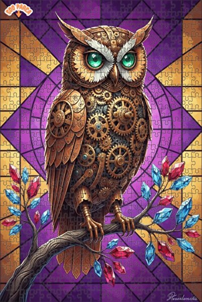 Teona Ahşap Mechanical Owl Glass Mosaic Looking Double-Decker Framed Wooden P...