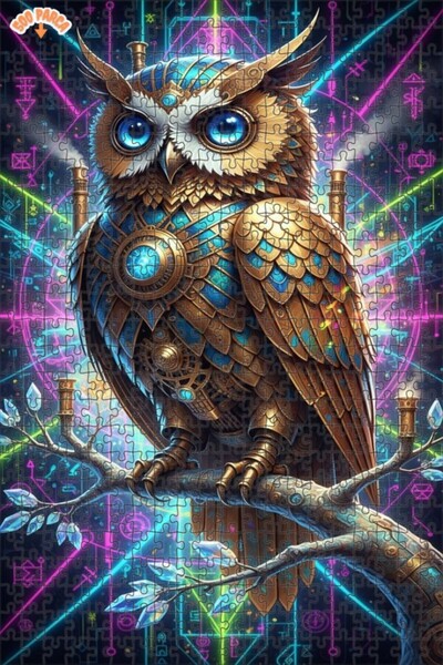 Teona Ahşap Steampunk Owl Art Print Double Layer Framed Wooden Puzzle 500 Pie...