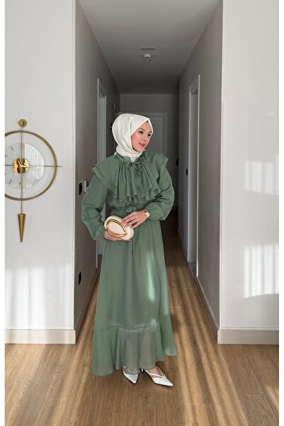 merve ada design Yaka Fırfır Detaylı Astarlı Organze Tül Tesettür Elbise