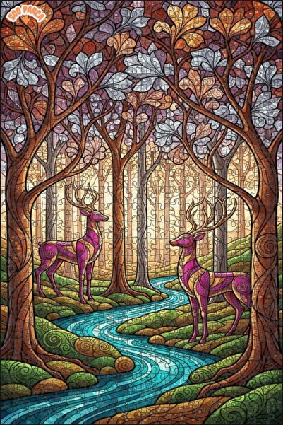 Teona Ahşap لغز خشبي بمظهر فسيفساء زجاجي لغزلان الغابة السحرية 500 قطعة 50x30