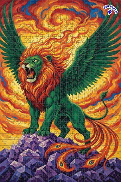 Teona Ahşap لغز خشبي فني بمظهر لوحة زيتية لأسد أخضر بأجنحة لهب 600 قطعة 50×35