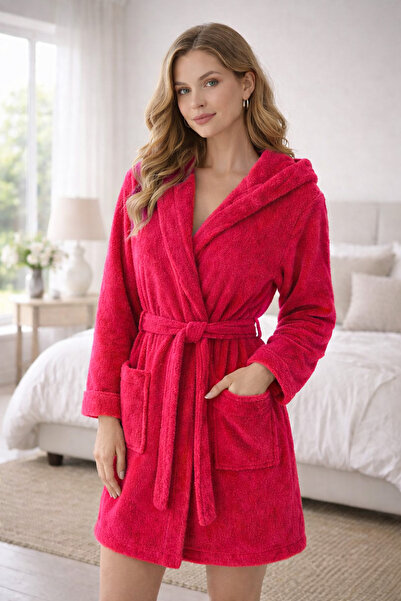 Türkühome Kapüşonlu Kadın Wellsoft Bornoz - Sabahlık
