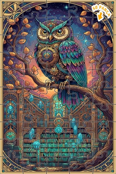 Teona Ahşap Mistik Mekanik Baykuş Sanatı Çift Katlı Çerçeveli Ahşap Puzzle 50...