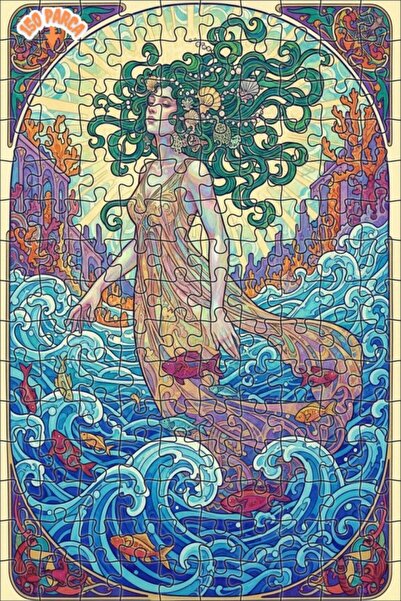 Teona Ahşap لوحة فنية بتصميم حورية البحر بمظهر لوحة زيتية، لغز خشبي بإطار مزد...