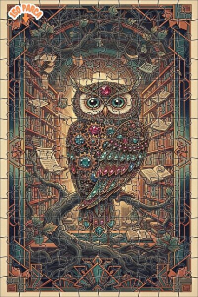 Teona Ahşap لغز خشبي على شكل مكتبة آرت ديكو مع بومة بيلج، لغز خشبي بإطار مزدو...