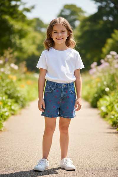 ASL GOLF CLUB Girl's 100% Cotton Embroidered Blue Denim Balloon Shorts 3-14 Y...