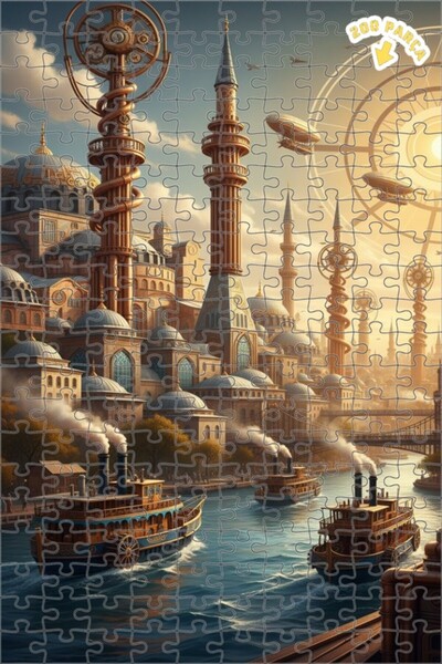 Teona Ahşap لوحة زيتية لمنظر مدينة مستقبلية مع سفينة بخارية، لغز خشبي بإطار م...