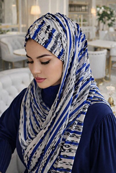 Aişe tesettür Blue and White Patterned Ready-To-Wear Shawl