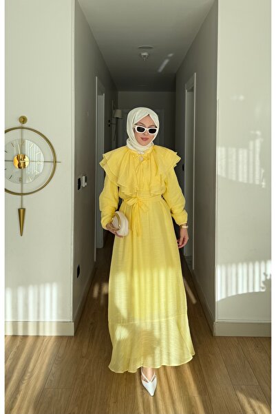 merve ada design Yaka Fırfır Detaylı Astarlı Organze Tül Tesettür Elbise