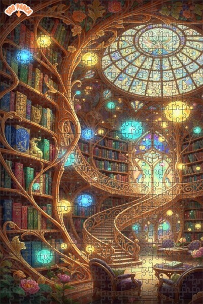 Teona Ahşap لغز خشبي مؤطر بطبقتين بمظهر لوحة زيتية لمكتبة سحرية 500 قطعة 50×30