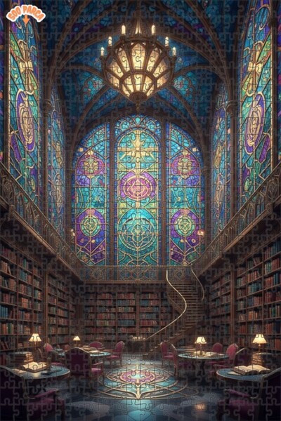 Teona Ahşap Gothic Library Stained Glass Art Double Deck Framed Wooden Puzzle...