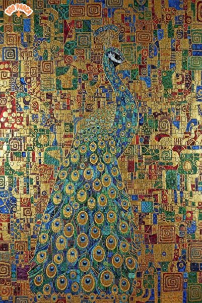 Teona Ahşap Golden Feathers Patterned Peacock Oil Painting Double-Deck Framed...