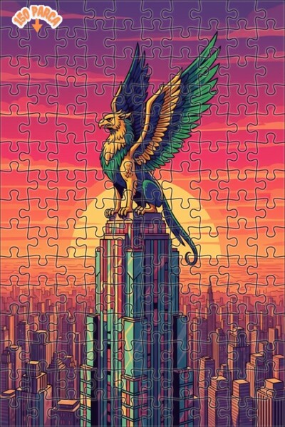 Teona Ahşap Mythological Griffin Eagle Winged Cityscape Double-Decker Framed ...