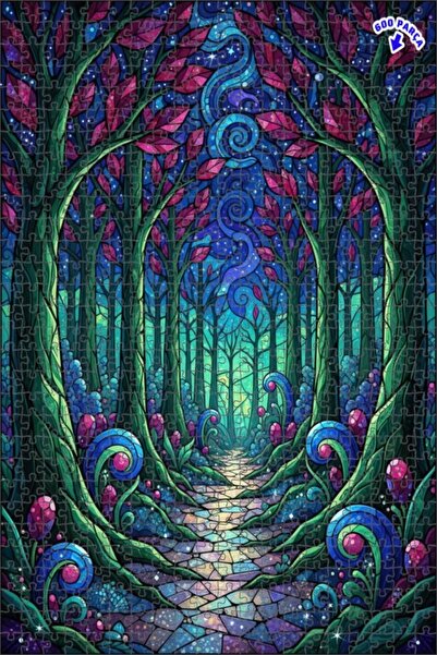 Teona Ahşap لغز خشبي مؤطر بطبقتين بتصميم فن الزجاج الملون لممر الغابة السحرية...