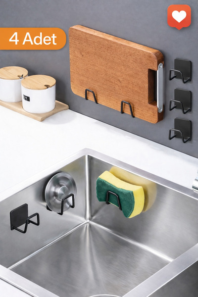 Parmeva Siyah Yapışkanlı Sünger Askısı 4’lü Set – Delmesiz Kesme Tahtası & Mu...