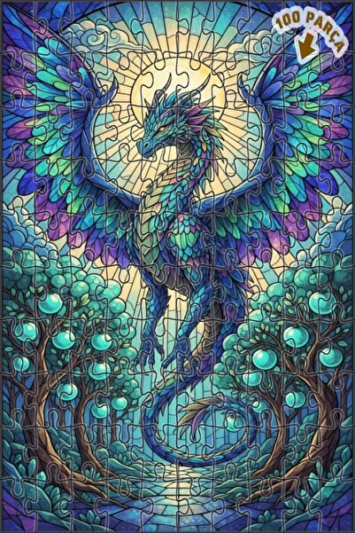 Teona Ahşap لغز خشبي مؤطر بطبقتين من فن الزجاج الملون على شكل تنين سحري 100 ق...