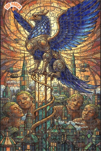 Teona Ahşap Steam Mechanical Eagle Art Glass Look Double Layer Framed Wooden ...