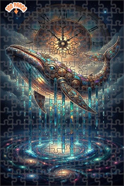 Teona Ahşap Magical Whale Time Travel Oil Painting Look Double Layer Framed W...