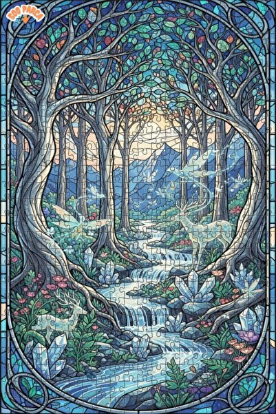 Teona Ahşap لغز خشبي مؤطر بطبقتين من فن الزجاج بتصميم غابات الغزلان والجنات 5...