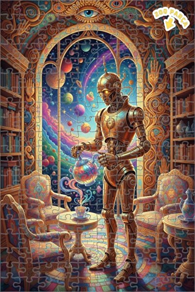 Teona Ahşap لغز خشبي منقوش على شكل روبوت لوقت الشاي من ماجيكال إيفريون، ذو طب...