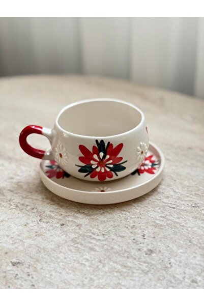 Home Kırmızı Papatya Çiçek Kabartma Desenli El Yapımı Seramik Tabaklı Kupa Ka...